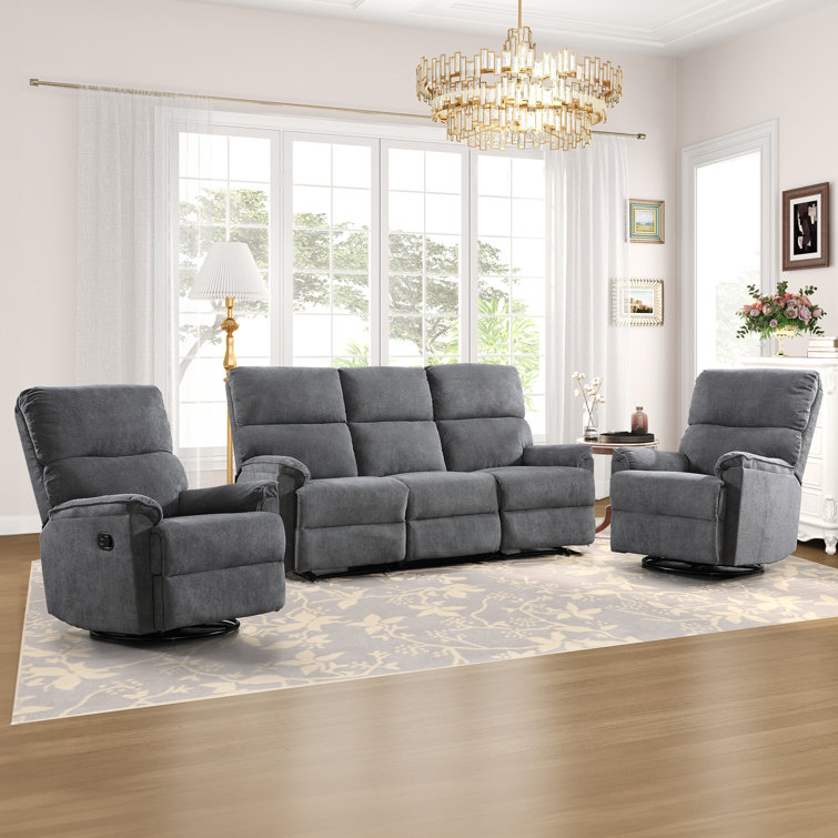 Nikula 3 Piece Chenille Upholstered Reclining Set With Swivel Rocker Recliner And 3 Person Manual Reclining Sofa